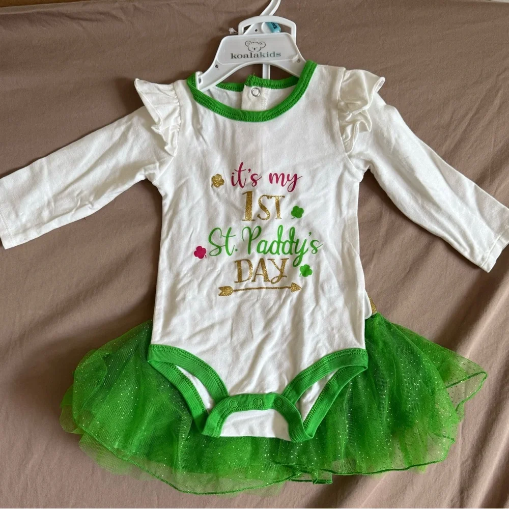 Koala Kids St. Paddy's Day Set - White and Green long sleeve onesie tutu ruffles